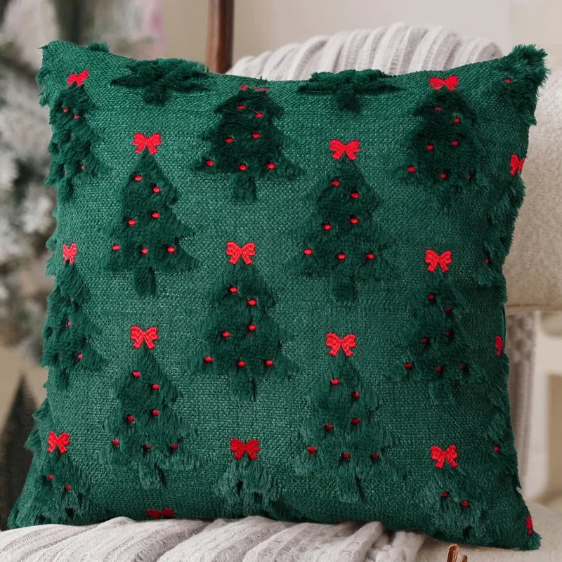 1/2 Stück Weihnachtskissenbezüge mit bestickter Schleife, Polyester-Flanell, Tannenbaumdesign, Sofakissen, festliche Partydekoration, nur Kissenbezug