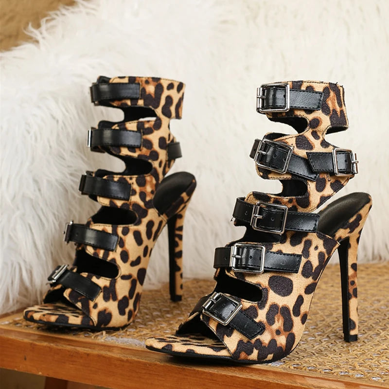 Sandali donna Liyke leopardati con fibbie multiple