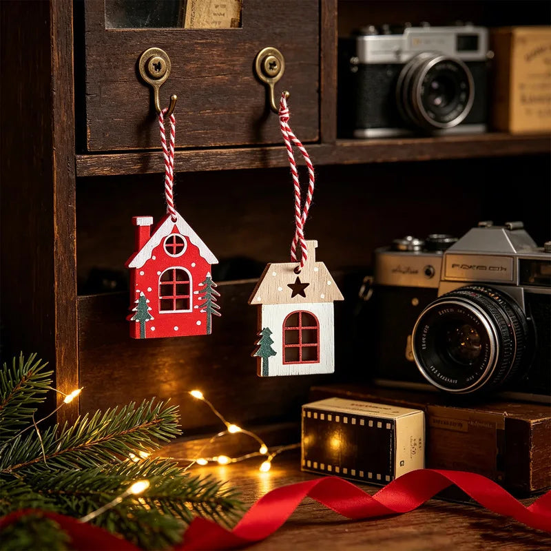 8Pcs Mini Christmas Wooden House Ornaments Red White Xmas Tree Hanging Pendants Decorations for Home Holiday Party Decor Gift