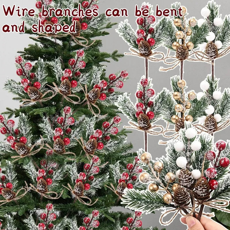 1/20x Snowflake Pine Cone Berry Branch Artificial Red Berry Pine Needle DIY Wreath Fake Flowers Home Party Christmas Decoration