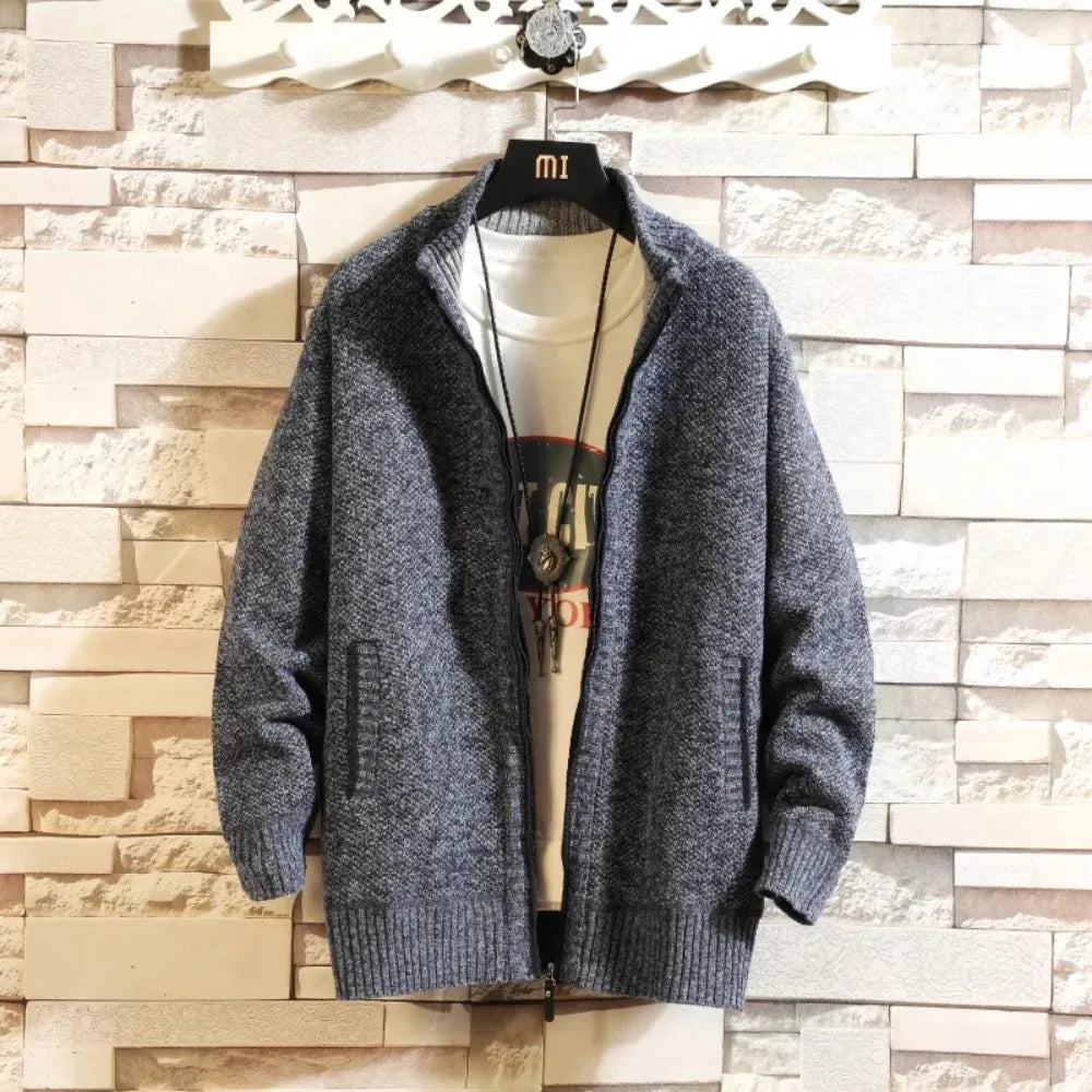 Autumn New Men's Trendy Cardigan Fleece Thicken Solid Casual Loose Sweater Men's Stand-up Collar Knitting Sweater Cardigans