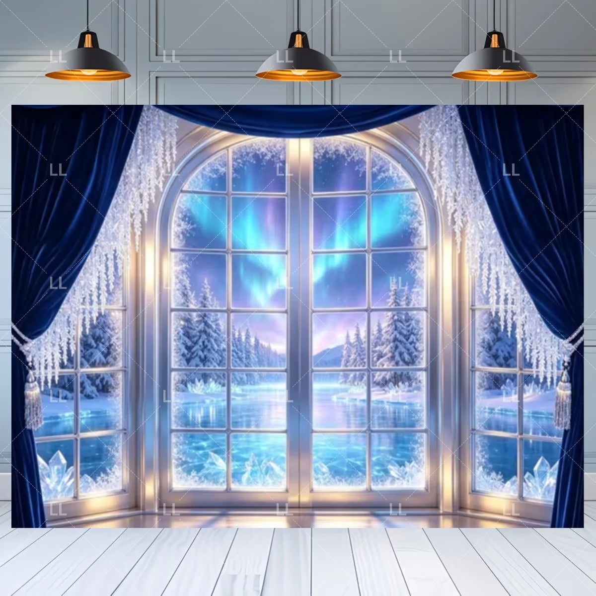 Winter Christmas Window Scenery Backdrop Snowy Forest Mountain Scene Photography Background Xmas Tree New Year Party Decoration