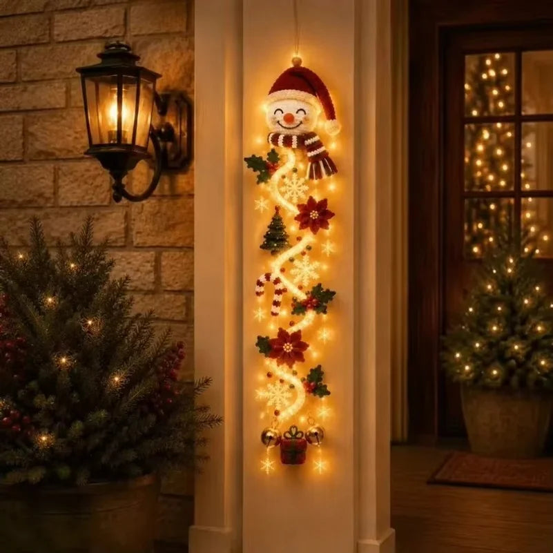 Christmas Door Hanger LED Glowing Handmade Crochet Santa Xmas Tree Bell Ornament Home Wall Front Door New Year Ornaments