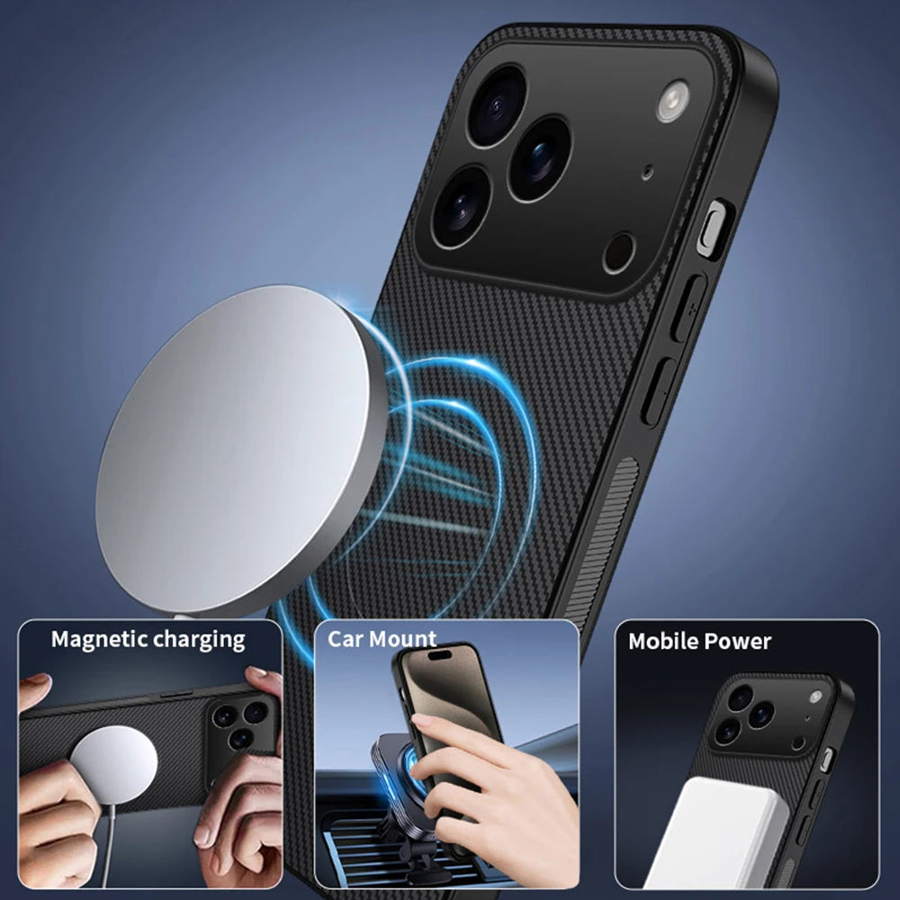 Built‑in Magnet Carbon Fiber Style Phone For Apple iPhone 18 17 16 15 14 13 Pro Max Air Cases Shell Anti‑Drop Anti‑Fingerprint