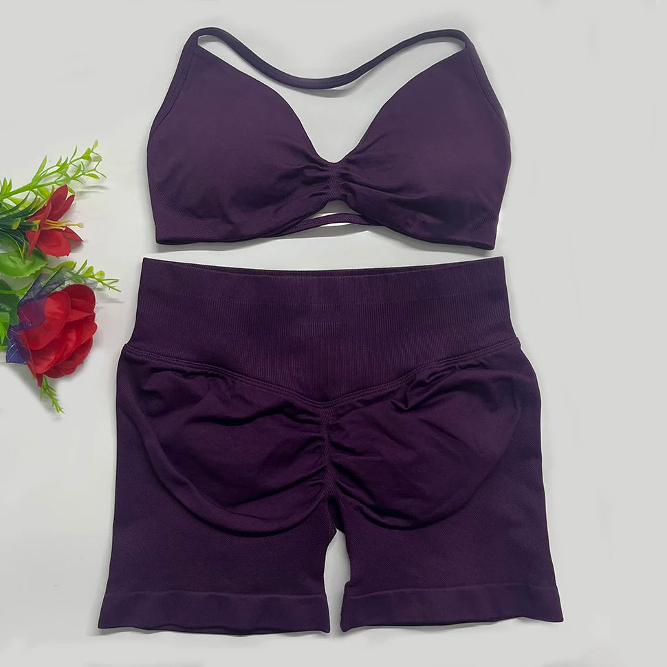 2PCS DF Gym Set Women Strappy Yoga Bra Top Sportswear Workout Scrunch Shorts Sports Suit Seamless Set Fitness Clothes