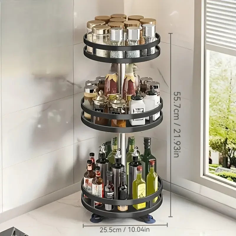 3-Tier Metal Rotating Spice Rack 360-Degree Non-Skid Carbon Steel Storage Tray for Kitchen Seasonings and Cans