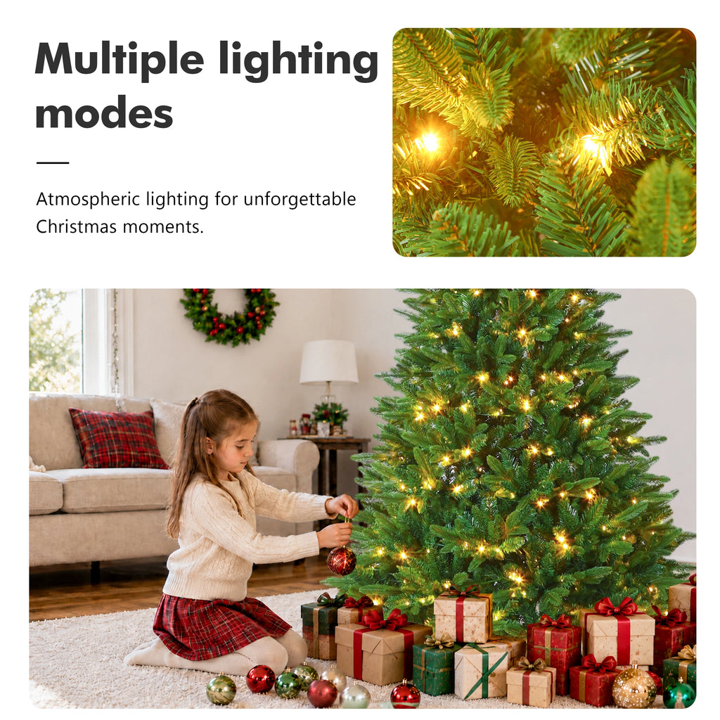 PVC+PE Artificial Christmas Tree 180/210cm, 940/1209 Branch Tips, 300/400 Warm White LEDs, Realistic 3D PE+PVC Fir Tree with Wooden Stand, Indoor Xmas Decoration