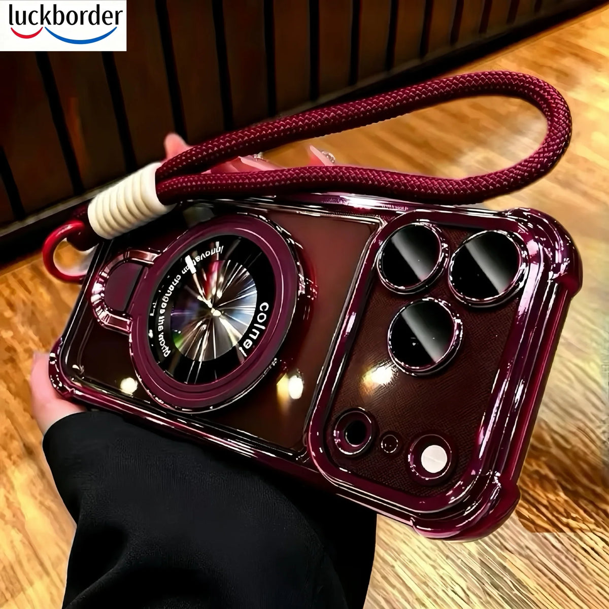 For iPhone 18 17 Pro Max Case Clear with Magnetic Ring Stand Lanyard, Luxury Design Camera Lens Protector Plating Case,Burgundy