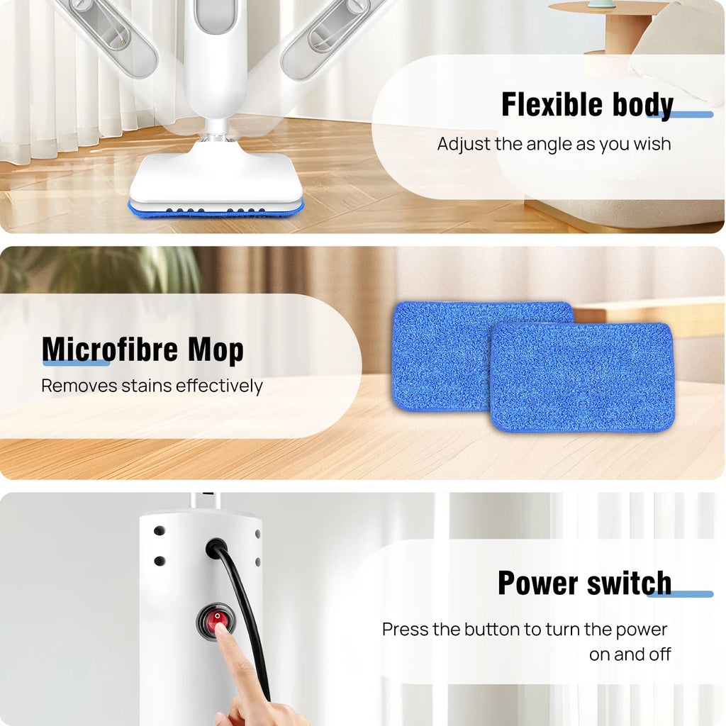 Mopa vaporizadora White Home 1500 W, vaporizador de suelos de 2 velocidades con mango extraíble para baldosas y madera
