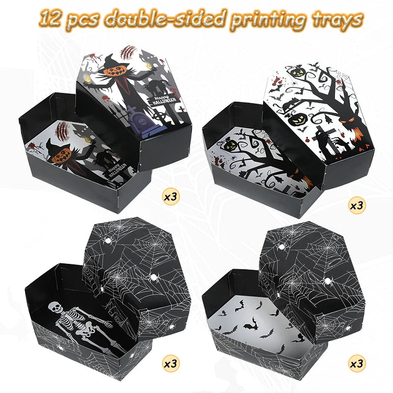 12/24 piezas Bandejas de papel con forma de ataúd para servir comida, cajas de regalo para caramelos, aperitivos y galletas, decoración y artículos para fiestas de Halloween de «truco o trato»