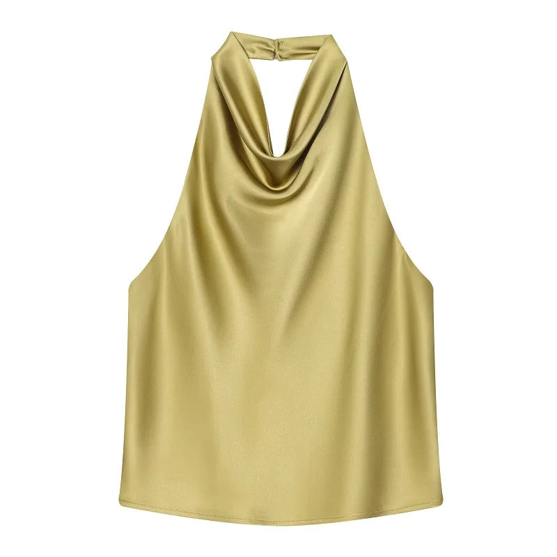 Top satinato da donna con scollo all'americana