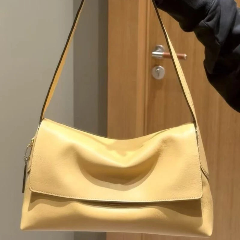 Luxury Genuine Leather Women's Shoulder Bag Large Capacity Flap Underarm Bag Simple Solid Color Soft Leather Brand Handbag