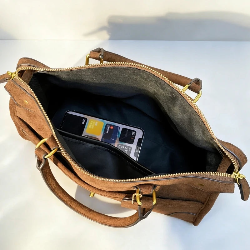 Vintage Faux Suede Boston Bags For Women Luxury Designer Handbag And Purse 2026 New In Riveted Lock Top Handle Underarm Shoulder