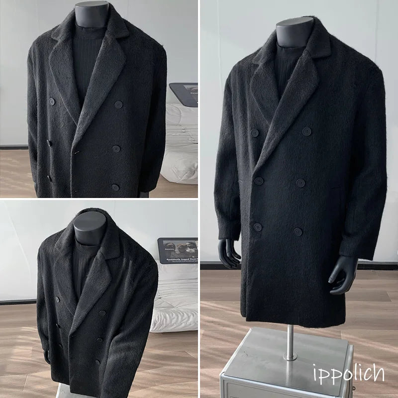 Autumn Winter Fleece Coat Mid-length Gray Oversized Thickened Warm Imitation Cashmere Blends Coat Men Double-breasted Trend Coat