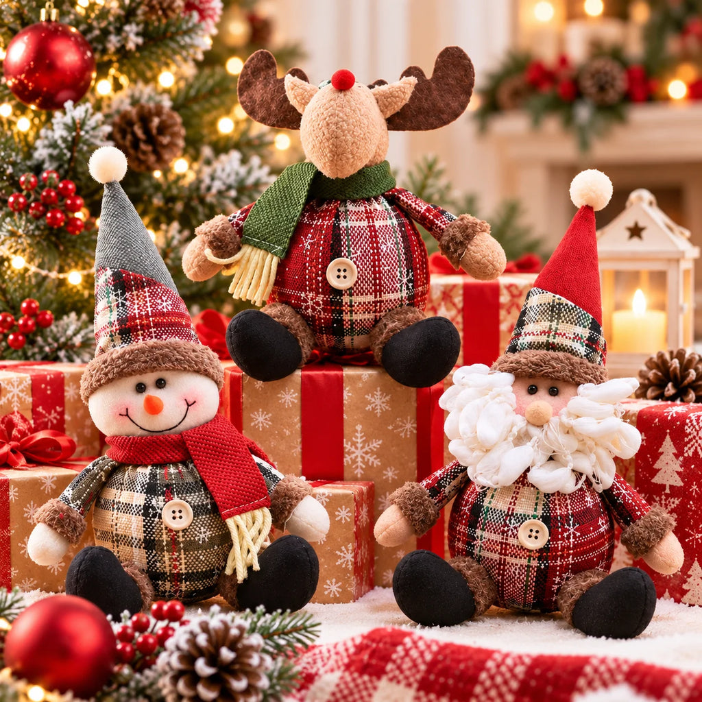 Decorative Christmas figurines: reindeer, Santa Claus, and snowman