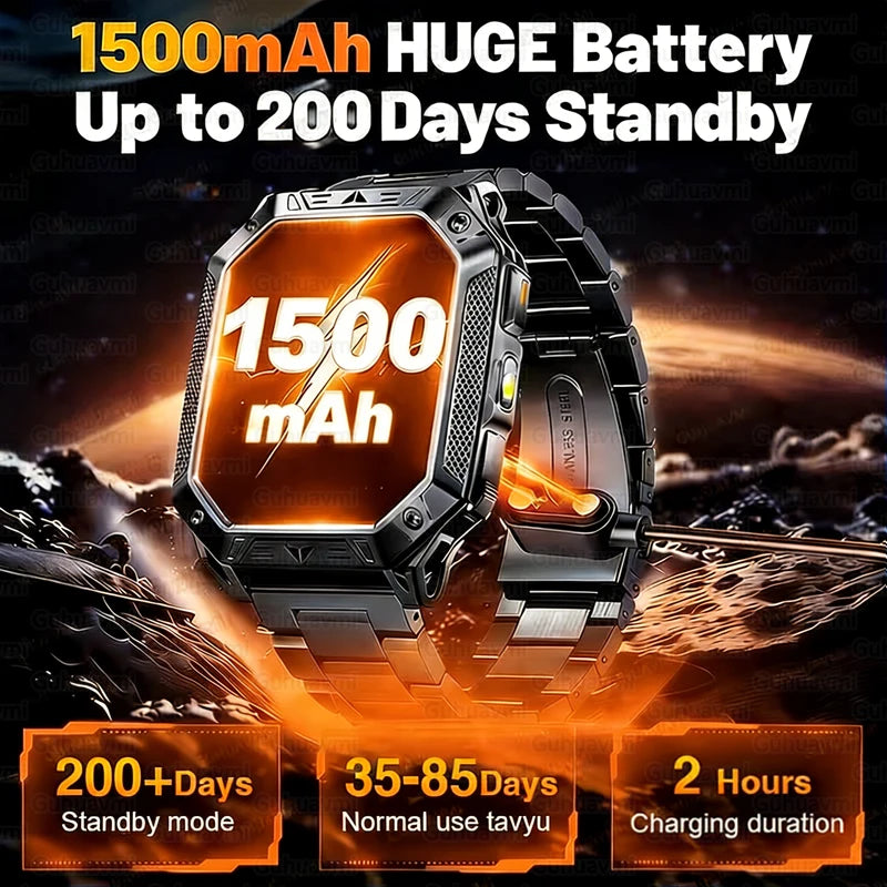 New 1500mAh Military Outdoor Smartwatch For Men LED Flashlight IP69K Waterproof GPS Sports 2.01-inch Bluetooth Call Smart Watch