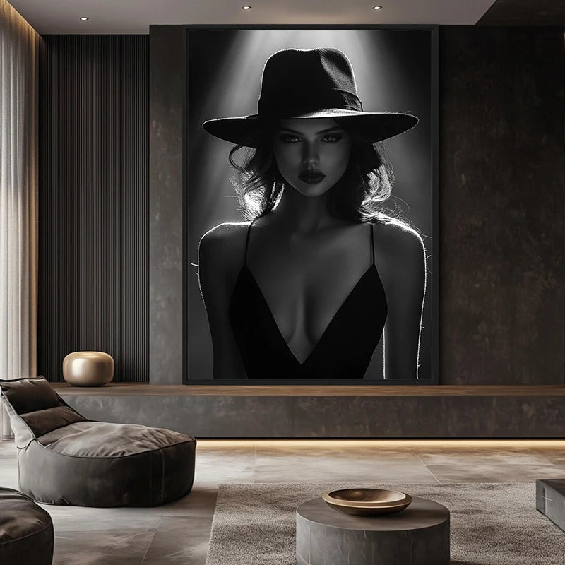 Affiche et impression sur toile d’une élégante femme en noir et blanc portant un chapeau, tableau mural et décoration d’intérieur, cuadros