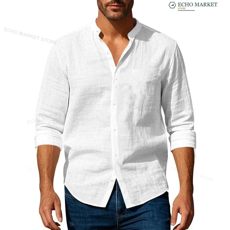Lightweight Stand Casual Shirt, Men Long Sleeve Breathable Button Front Shirt for Daily & Holiday Wear