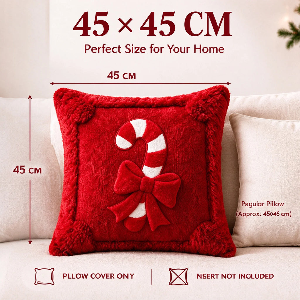 Housse de coussin décoratif de Noël Sucre d'orge, Housse de coussin de Noël rouge aspect peluche en fausse fourrure, Nœud Décoration d'intérieur pour canapé de fêtes hivernales