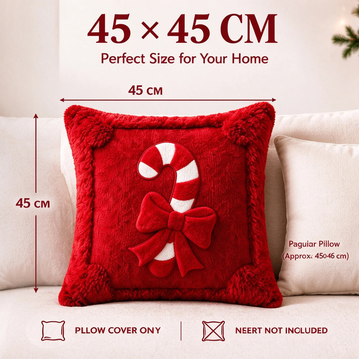 Housse de coussin décoratif de Noël Sucre d'orge, Housse de coussin de Noël rouge aspect peluche en fausse fourrure, Nœud Décoration d'intérieur pour canapé de fêtes hivernales