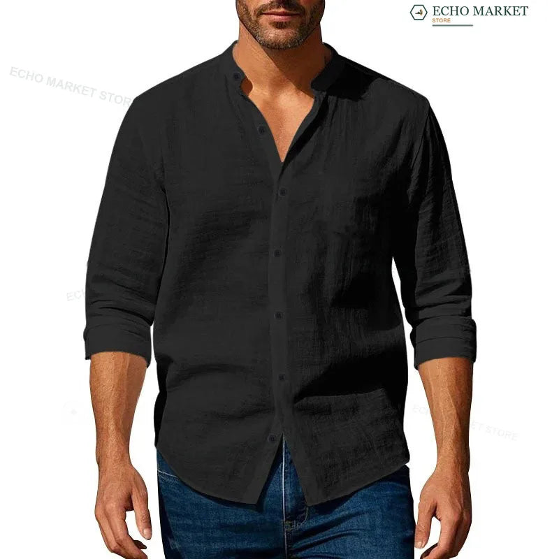 Lightweight Stand Casual Shirt, Men Long Sleeve Breathable Button Front Shirt for Daily & Holiday Wear