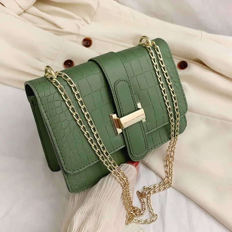 Women Crocodile Pattern PU Leather Square Bag Luxury Gold Chain Crossbody Bag Fashion Shoulder Handbag For Ladies Daily Party