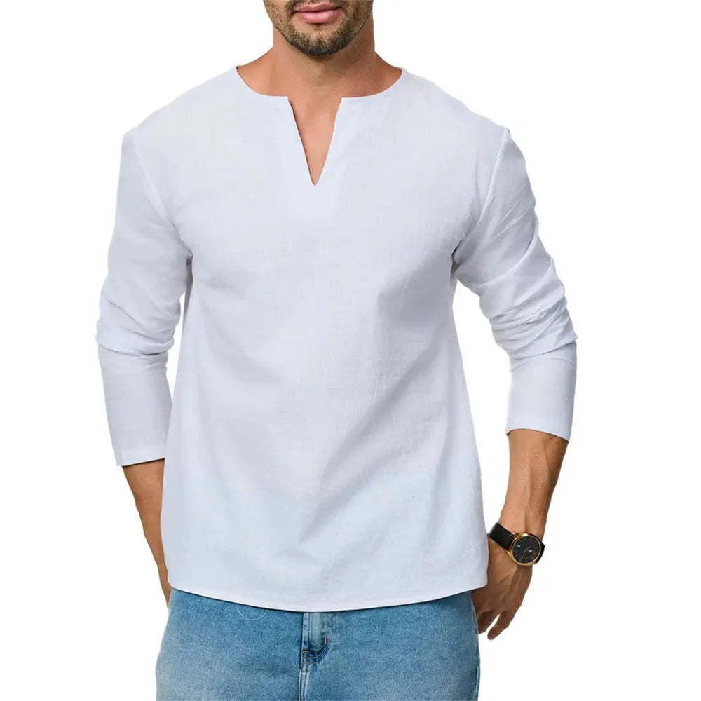 Cotton Linen T-shirt for Men Long Sleeve Breathable V-neck Tops Casual Slim Fit Solid Color Lightweight Male Cozy Tees