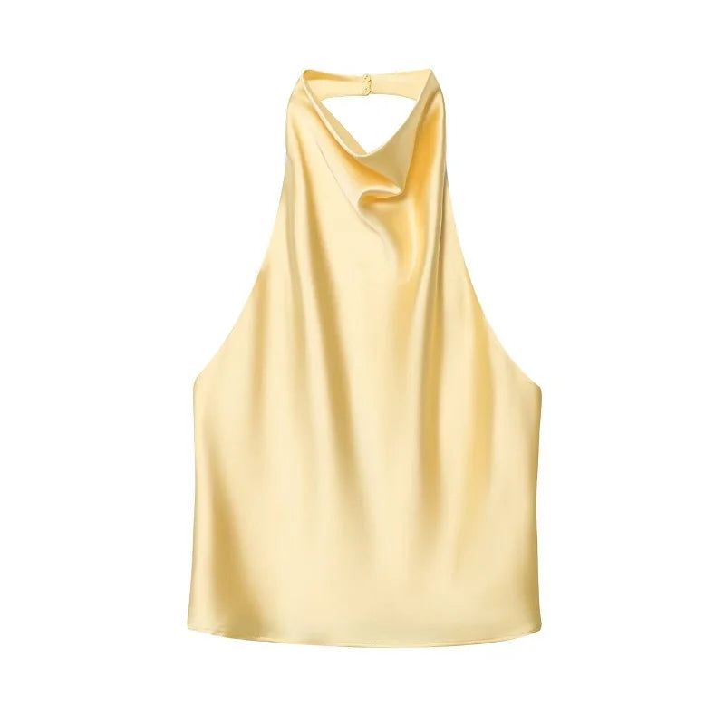 Top satinato da donna con scollo all'americana