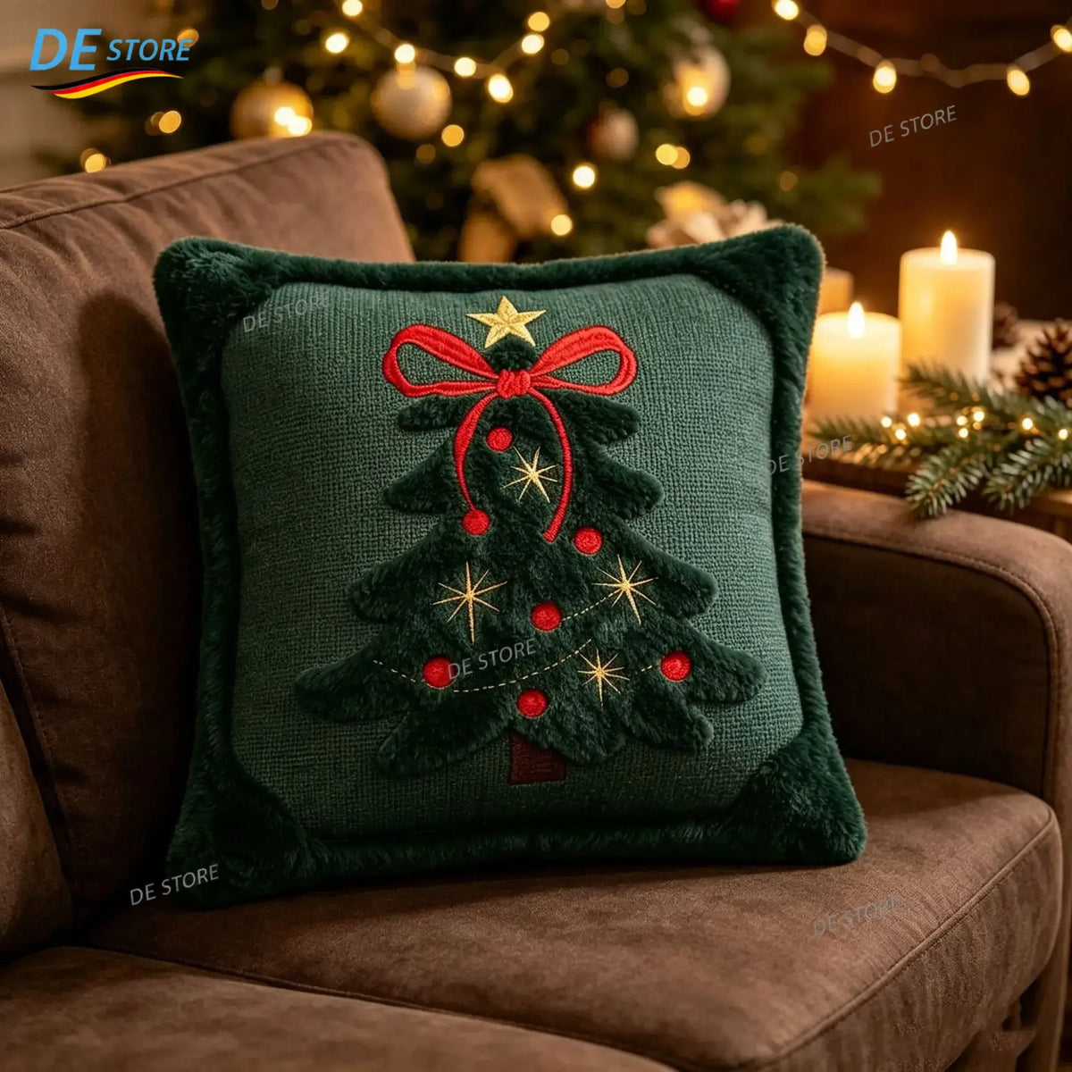 3D-Jacquard-Kissenbezug mit Winterplüsch und gestickter Schleife und Stern, Weihnachtsdekoration, 45 x 45 cm, Geschenk zu Weihnachten und Neujahr