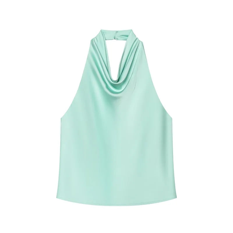 Top satinato da donna con scollo all'americana