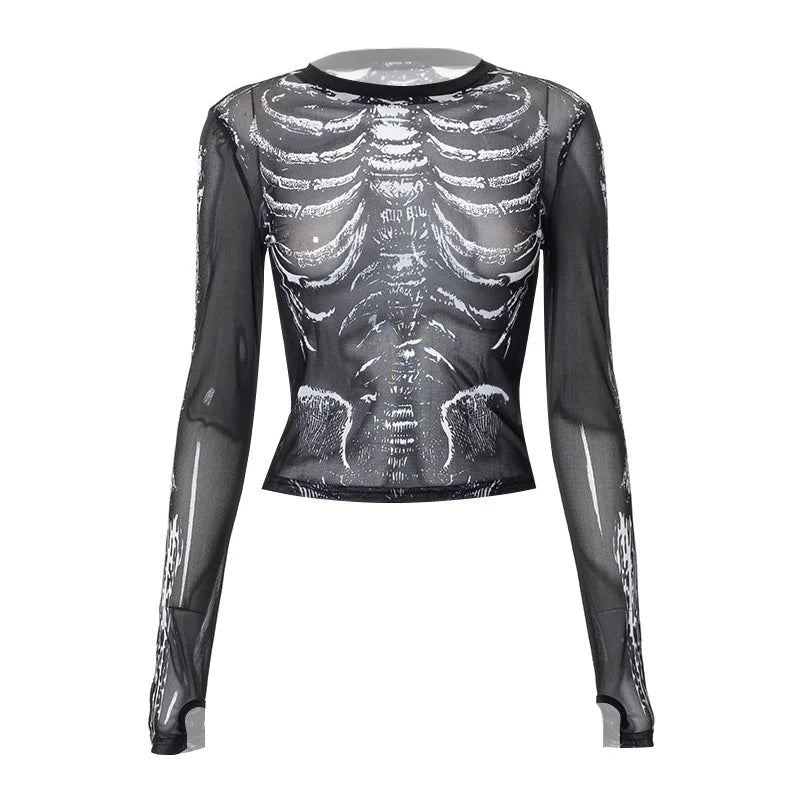 Dunkles Gothic-Punk-Shirt aus den 2000ern für Damen, Totenkopf-Muster, Rundhalsausschnitt, lange Ärmel, schwarzes Y2K-Street-Kleid