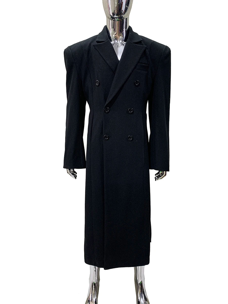 Autumn Winter Long Warm Thick Fitted Black Wool Blends Coat Men with Double Side Slit Shoulder Pads Luxury Woolen Overcoat 2025