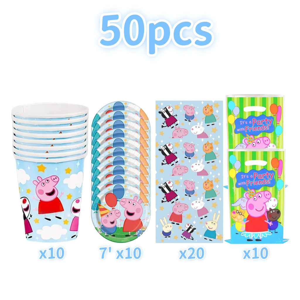 Juego de artículos de fiesta de Peppa Pig: decoración de cumpleaños, vajilla desechable, mantel, platos, vasos, servilletas y bolsas de regalo (96/60/21 piezas)