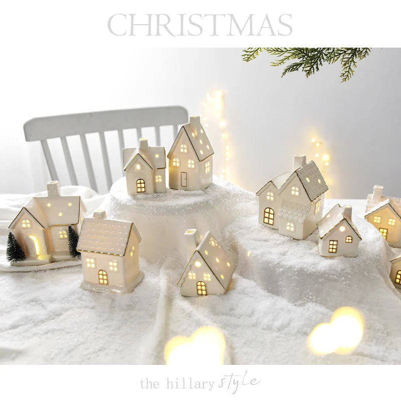 1pc Ceramic Light Up Snow House Christmas Ornament LED Cottage Xmas Tree Table Centerpiece Holiday Party Scene Decor Gift