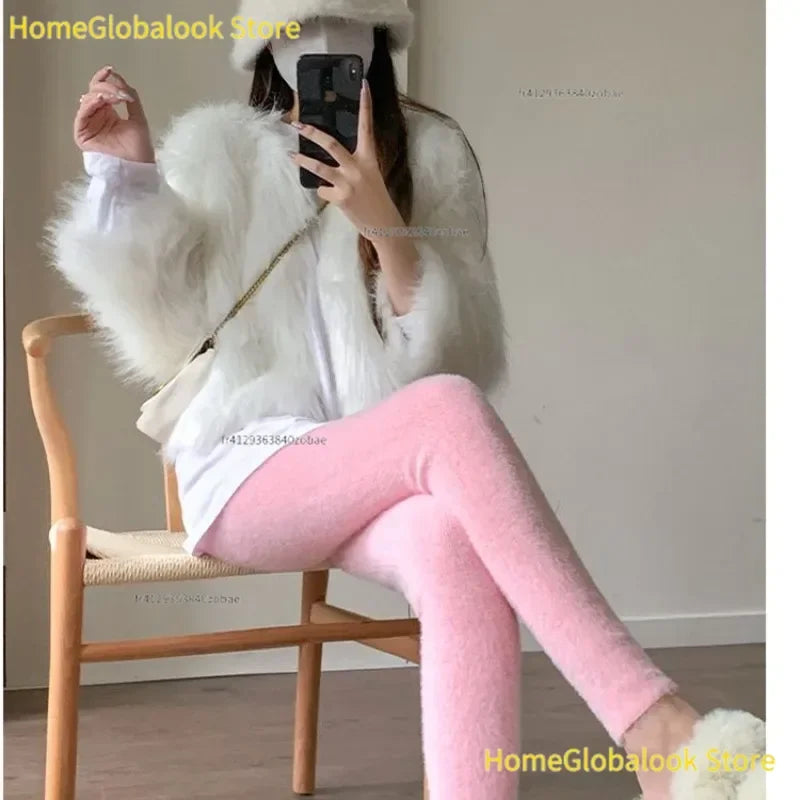 Pantalones rectos de terciopelo de visón rosa para mujer, leggings térmicos de felpa con cintura alta elástica, pantalones casuales de punto para usar en el exterior, parte inferior cálida para otoño e invierno