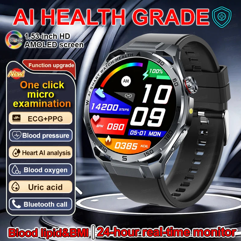 New AI Health Diagnose Smart Watch ECG+PPG Physical examination BP BO2 Uricacid Call Health Tracker Smartwatch For Men Women IOS