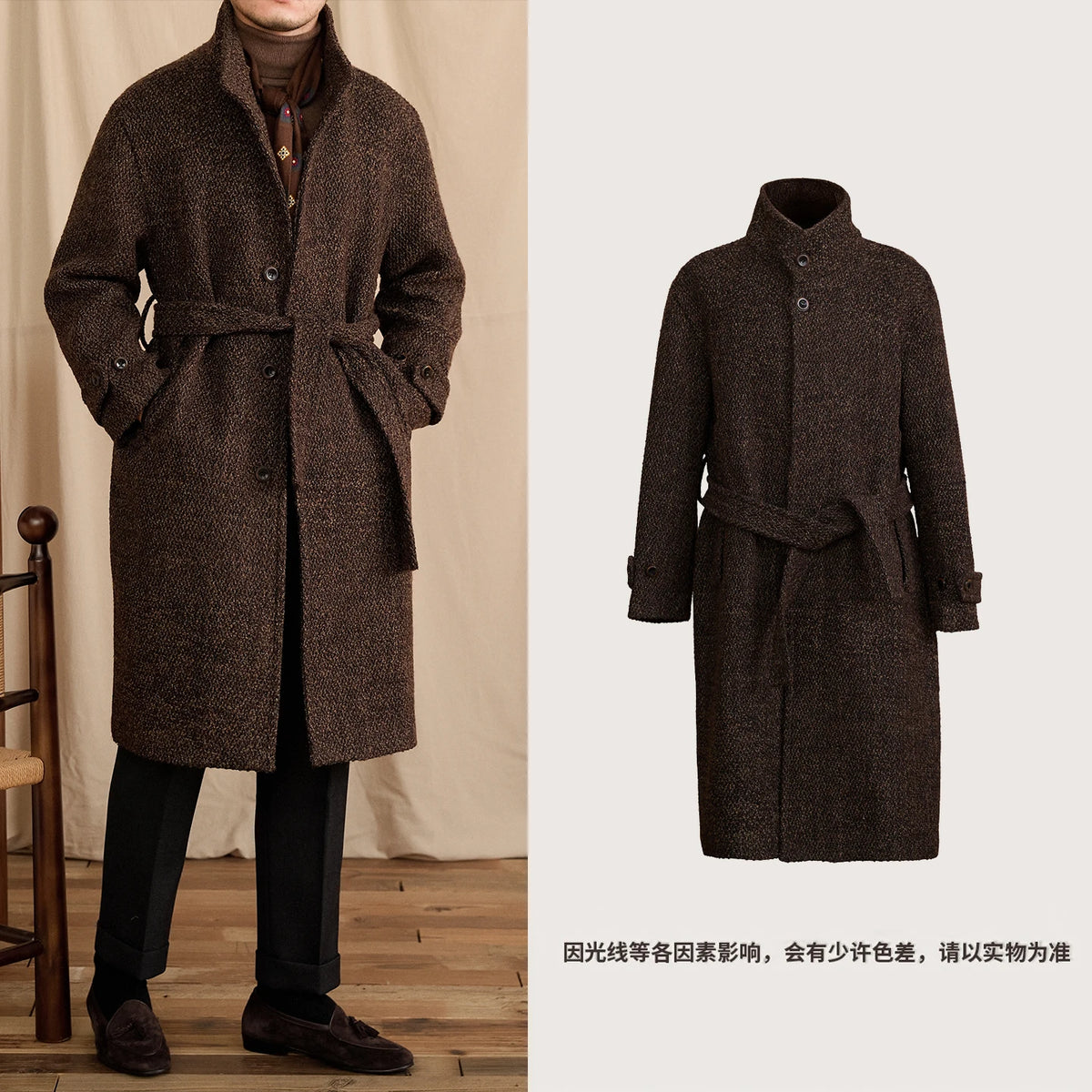 Men's Winter Warm Stand-Up Collar Long Coat 70% Wool Mid-Length Loop Commuting Coat for Business Casual