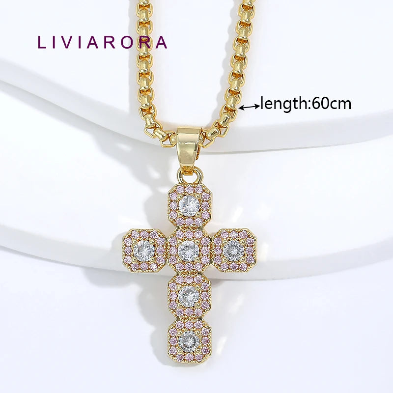 1Pc 18K Gold Plated Brass Iced Out Cross Pendant Necklace Hip Hop Religious Cross Pendant Necklace For Unisex Jewelry Gift