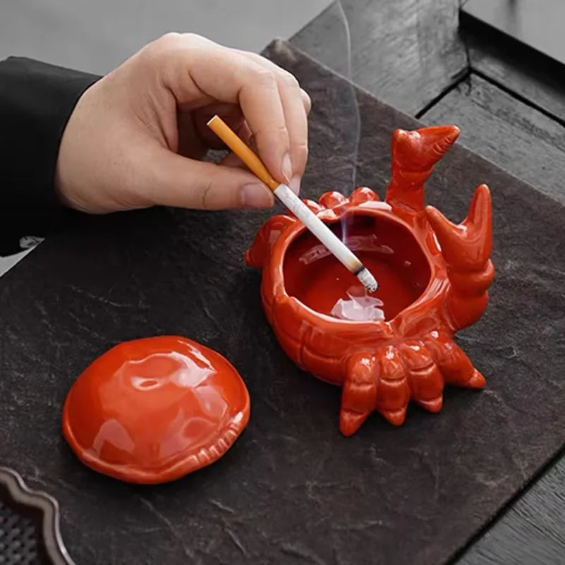 Cenicero de cerámica pequeño con forma de cangrejo, mascota de té, para oficina, hogar y sala de estar, con tapa para recoger las cenizas, decoración de escritorio, regalo