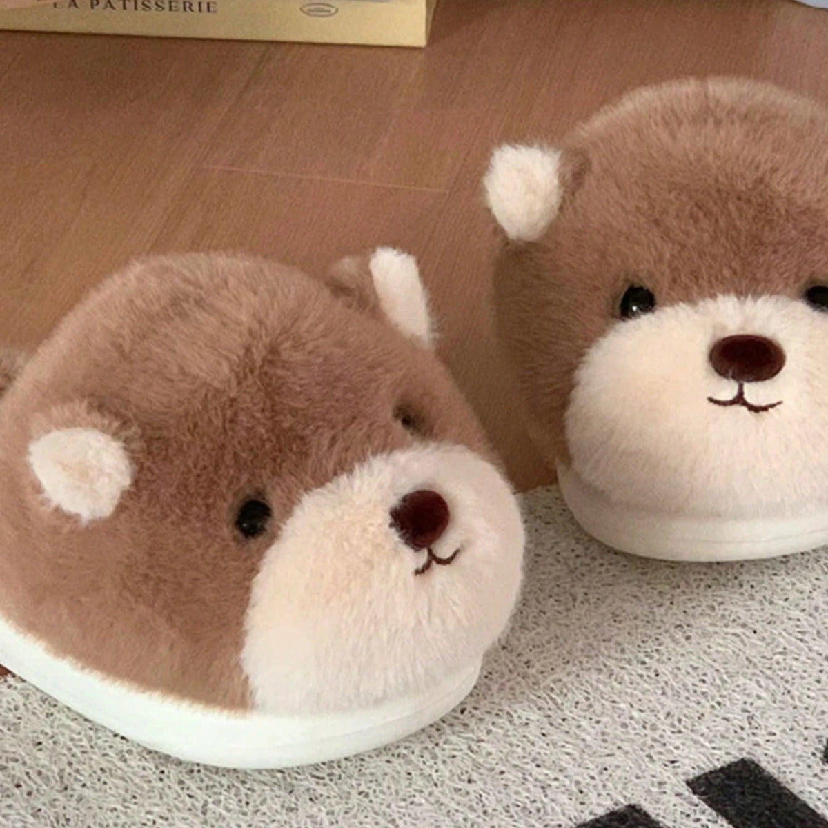 Chaussons d'intérieur pour femme en fourrure, décontractés et mignons, motif ours 3D adorable, couleur kaki, antidérapants, chauds, doux sous la plante du pied et confortables, duveteux pour la maison en hiver