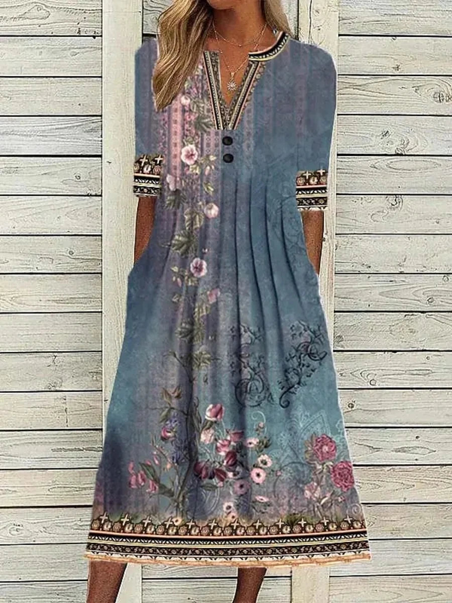 Abito midi stampato da donna con scollo a V e maniche corte