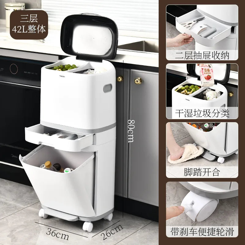2025 Nuevo cubo de basura doméstico de alta gama para cocina de 18/26/42 L con separación de residuos húmedos y secos, con ruedas universales y cajón para clasificación de desechos