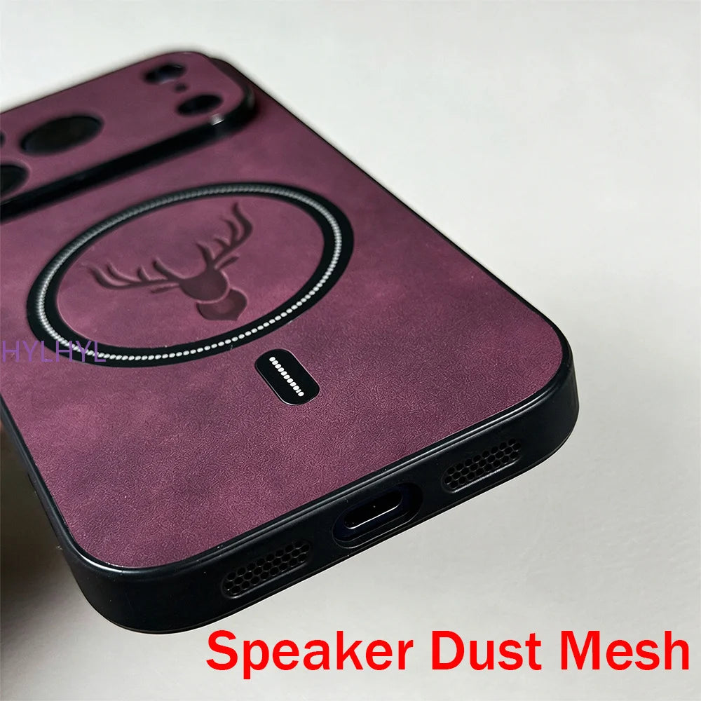 Luxury PU Leather Deer Magnetic Phone Case For iPhone 18 17 16 15 14 13 12 11 Pro Max Plus 16E For Magsafe Shockproof Back Cover
