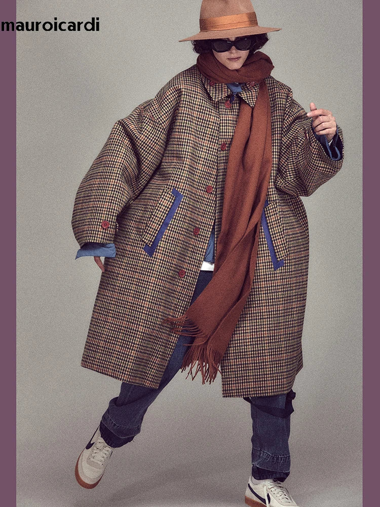 Mauroicardi Autumn Winter Oversized Warm Colorful Houndstooth Wool Blends Reversible Coat Men Luxury Designer Woolen Overcoat