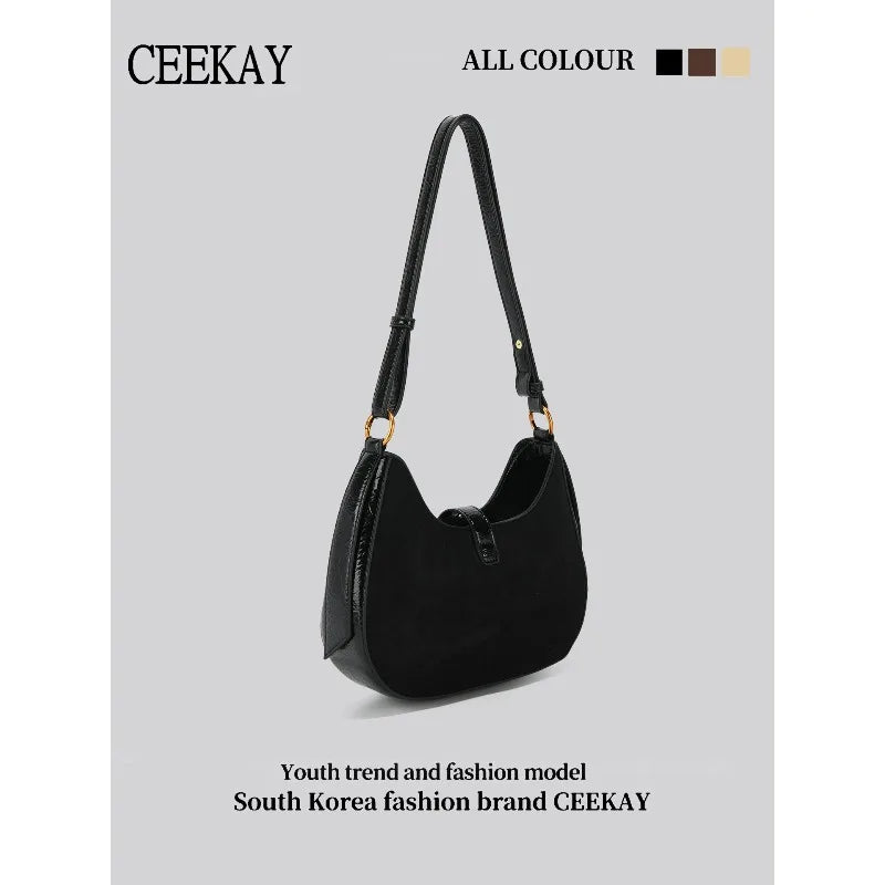 2026 New CEEKAY Suede Splice Hobo Bag, Crescent Shoulder Bag with Metal Hook Decor, Casual Underarm Bag for Women Handbags