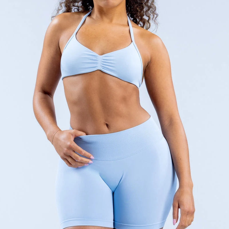 2PCS DF Gym Set Women Strappy Yoga Bra Top Sportswear Workout Scrunch Shorts Sports Suit Seamless Set Fitness Clothes