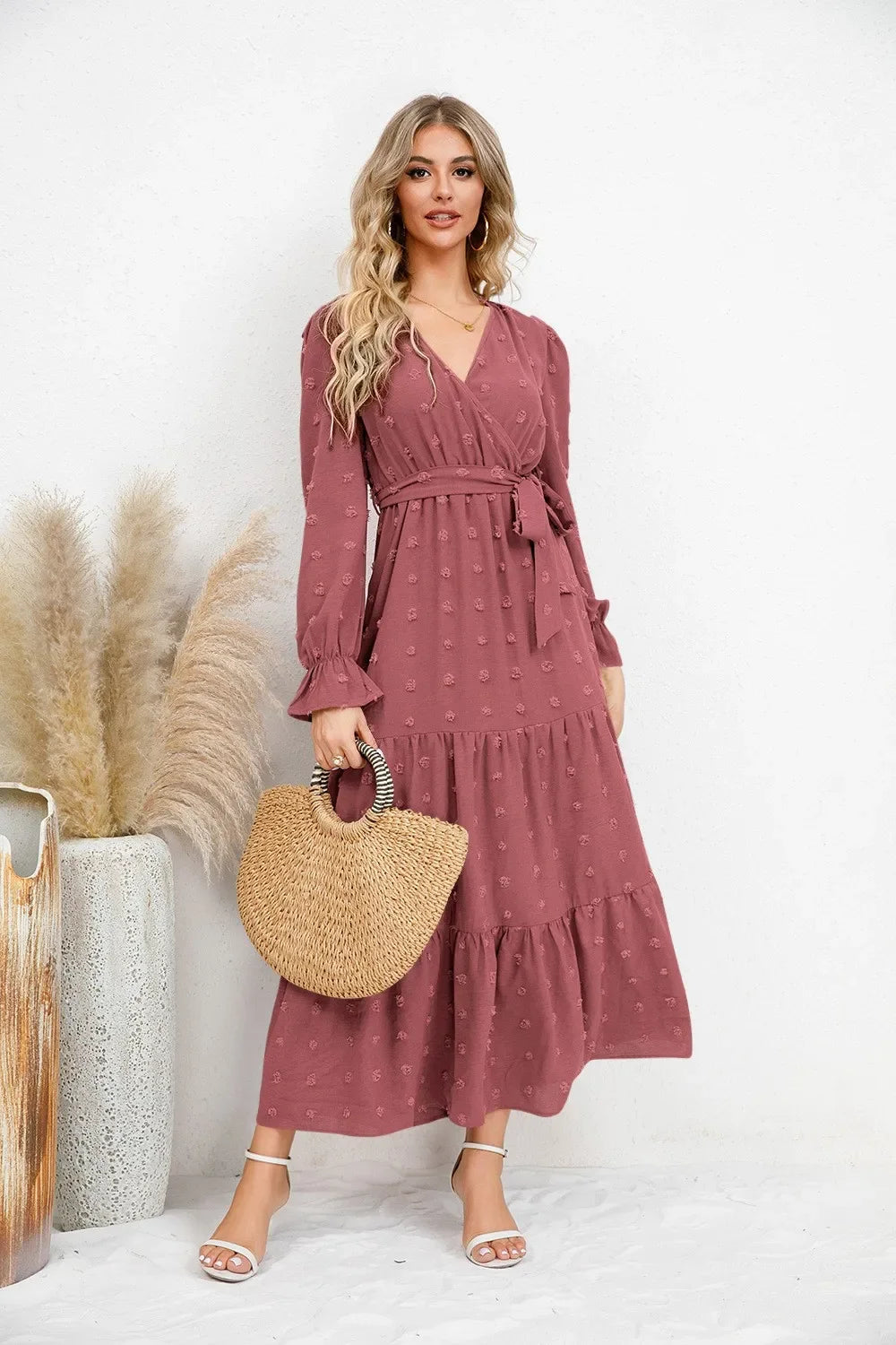 Abito lungo da donna con scollo a V e maniche lunghe
