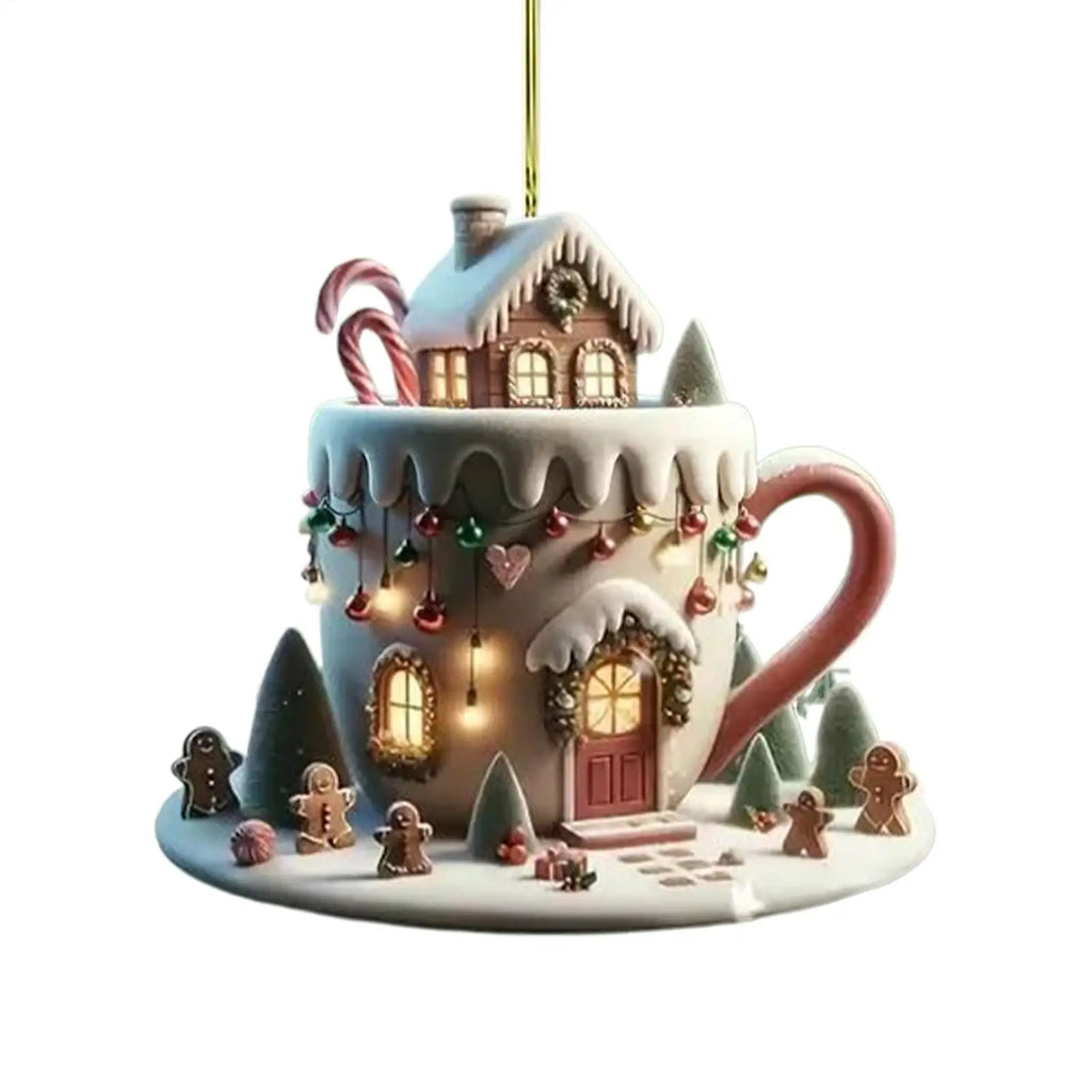 Christmas Decor Coffee Cup Ornaments 2D Acrylic Flat Christmas Snow Houses Chocolate Mug Pendant Christmas Tree Pendant