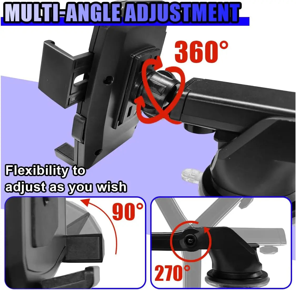 Car Phone Holder Mount, 360° Rotatable Suction Cup Auto Smartphone Stand with Adjustable Long Arm, Universal Vehicle Cellphone Bracket for Windshield & Dashboard (Black)