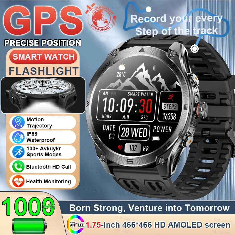 New For Android iOS GPS Smart Watch Men 1000mAh Battery 170+Sport Modes IP69K Waterproof Compass Military Grade Smartwatches2026